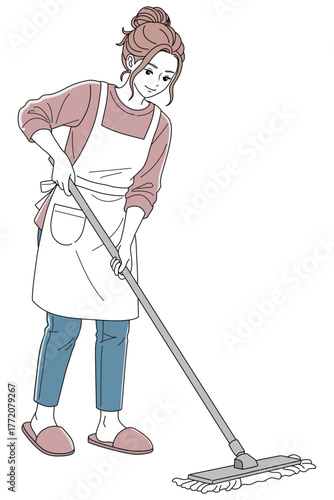モップで掃除をする女性02