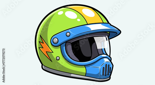A colorful cartoon illustration of a green and blue motorcycle helmet with a yellow stripe and a lightning bolt decal.