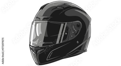 A detailed graphic illustration of a shiny black full-face motorcycle helmet with a closed clear visor.
