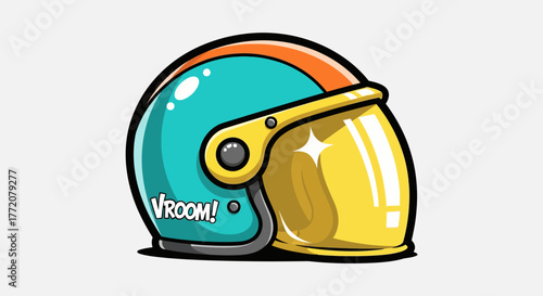 A colorful cartoon motorcycle helmet with a turquoise shell, orange stripe, and a sparkling yellow visor with a "VROOM!" sticker.
