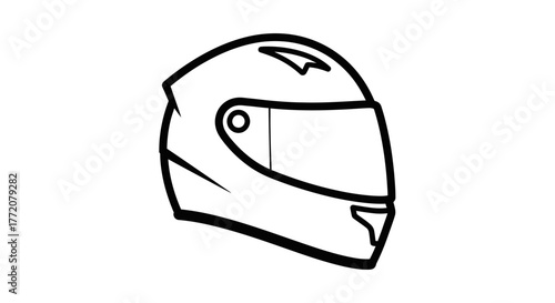A simple black and white line art illustration of a full-face motorcycle helmet shown in profile.