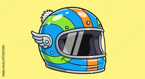 A colorful cartoon racing helmet with blue, green, and orange stripes, a side wing, and a pom-pom.