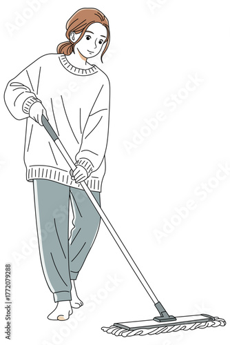 モップで掃除をする女性01
