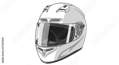 A detailed black and white line drawing of a modern, full-face motorcycle helmet on a plain white background.