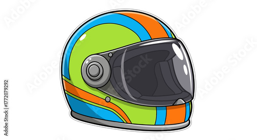 A colorful cartoon racing helmet with green, blue, and orange stripes and a dark visor.