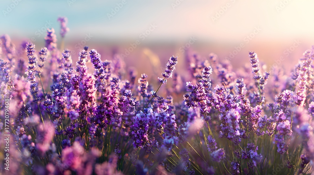 Naklejka premium Abundant purple blossoms fill a sunlit field during golden hour