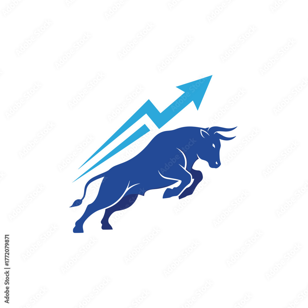 Fototapeta premium Dynamic Bull Market Trend Icon with Blue Bull and Zigzag Upward Arrow, symbolizing volatile yet positive financial growth.