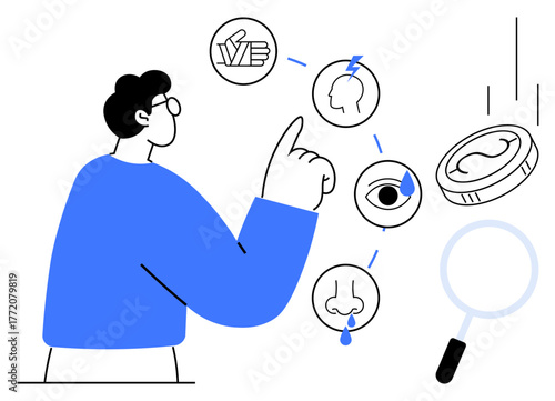 Man in blue shirt pointing at touch, hearing, sight, smell, and taste icons. Ideal for education, awareness, science psychology senses research perception. A simple flat metaphor