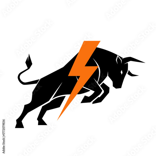 Powerful Bull with Lightning Bolt Symbol, representing strength, speed, energy, and dynamic force in action.
