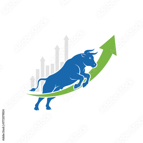 Dynamic Bull Market Growth Icon with Blue Bull and Rising Green Arrow, symbolizing financial prosperity and positive trend.