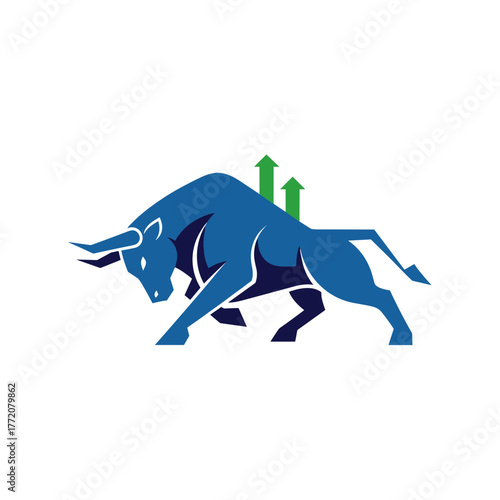 Strong Bull Market Concept with Blue Bull and Upward Arrows, representing positive financial trends and economic growth.