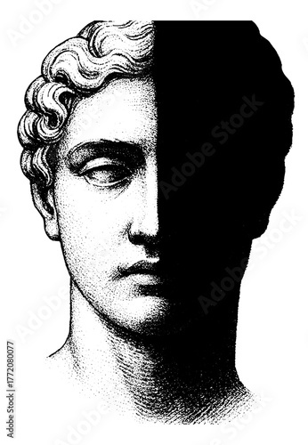 Classical statue head half in shadow, vintage engraving style symbolizing duality and contrast between light and darkness.