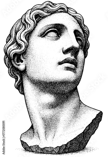 Classical Statue Engraving Looking Up, Vintage Etching of Ancient Bust with Dreamy Expression, Neo Classic Emotional Art in Black and White