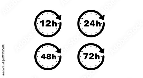 A set of vector icons demonstrating different time intervals, including 12 hours, 24 hours, 48 hours, and 72 hours, all represented as circular clocks.