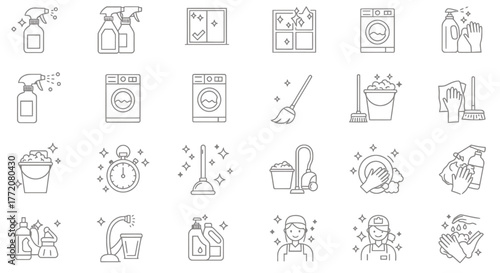 A collection of clean line art icons representing various household cleaning tools and services, perfect for domestic or commercial use.