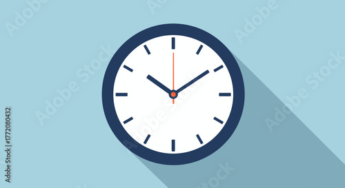 A simple, modern vector illustration of a classic analog clock face with blue hands and numerals on a light blue background, emphasizing time management.