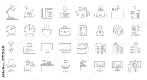 A comprehensive vector set illustrating office essentials and business elements, rendered in a clean, minimalist style, perfect for presentations and web design projects.