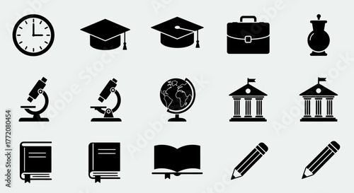 A collection of education-themed vector icons, including a clock, graduation caps, briefcases, microscopes, globes, books, and pencils, perfect for design and educational projects.