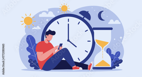 A vector illustration of a person using a smartphone, with a clock and hourglass symbolizing time management and deadlines in a modern design.