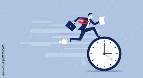 A determined businessman in a suit is actively running on a large clock face, symbolizing urgent time management and meeting tight deadlines.