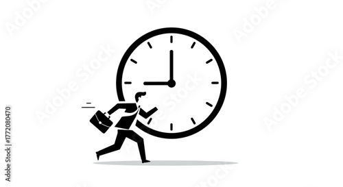 A determined businessman with a briefcase runs urgently, trying to outpace a large, imposing clock in a minimalist black and white vector illustration.