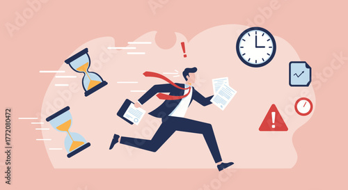 A businessman in a suit runs frantically, chased by time, with clocks, hourglasses, and warning signs, illustrating urgency, deadlines, and the pressure of work.