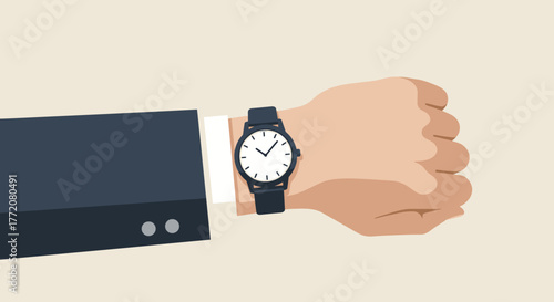 A vector illustration depicts a person's hand wearing a wristwatch, showcasing time and punctuality against a simple background, ideal for business and time-management concepts.