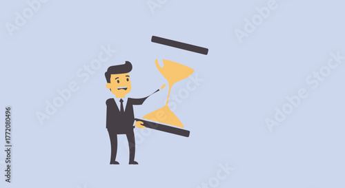 A businessman in a suit points to a large hourglass, representing time management and deadlines, against a light blue background, in a vector illustration.