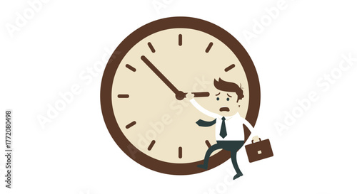 A stressed businessman struggles to keep up with the relentless passage of time, illustrated by a large clock face and a hurried figure.
