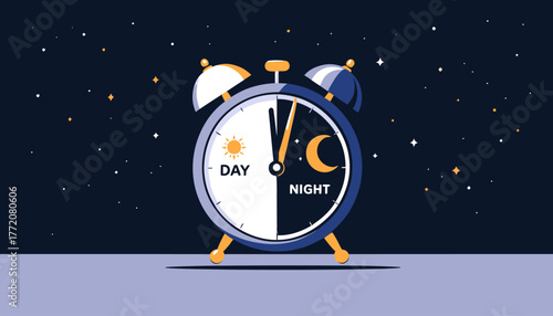 A stylized vector illustration of an alarm clock visually representing the transition between day and night, set against a dark starry sky.