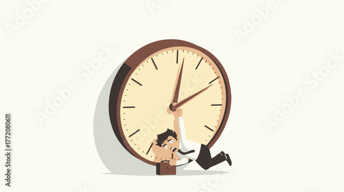 A stressed businessman desperately tries to stop the hands of a large clock, symbolizing time management struggles and the pressures of deadlines in a corporate environment.