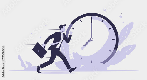 A businessman in a suit running quickly with a briefcase next to a large, stylized clock, illustrating the concept of time management and deadlines.