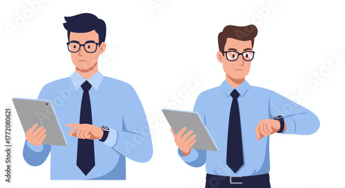 A detailed vector illustration depicts two professional businessmen, one using a tablet and the other checking his wrist clock, emphasizing time management and digital work.