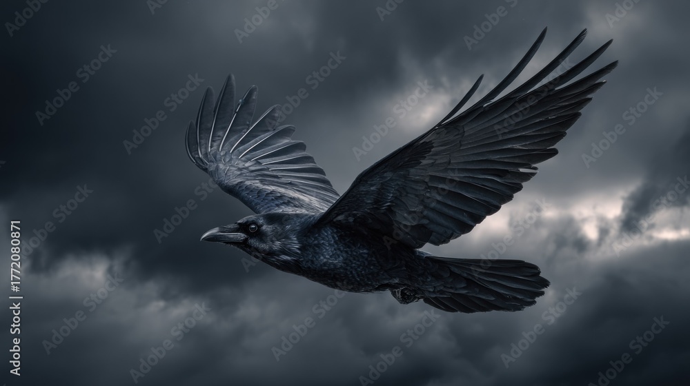 Naklejka premium Raven soaring dark clouds