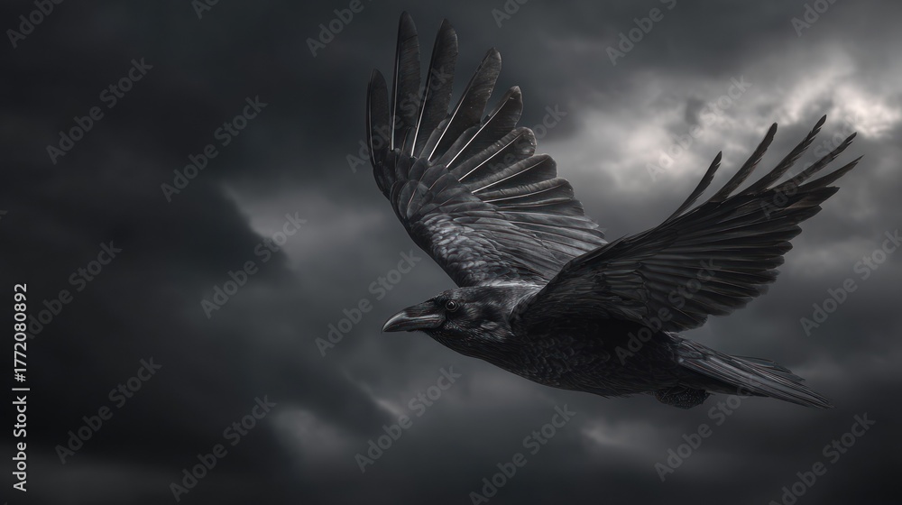 Fototapeta premium Raven soaring through stormy sky