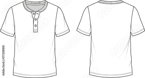 Fotografie Cad drawing flat vector illustration of henley t-shirt front and back view, shor