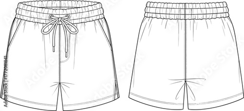 Cad drawing flat vector illustration of casual shorts with drawstring waist, fashion design technical sketch front and back view template