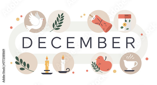 December Holiday Season Celebration with Festive Icons and Decorations.
