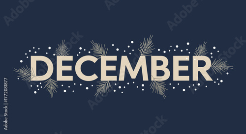 December Month Illustration with Festive Decorations on Dark Background.