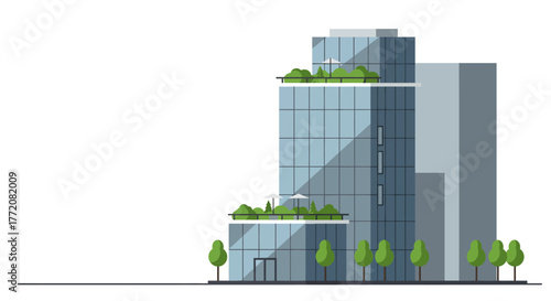 Modern Office Building with Green Spaces and Glass Facade.