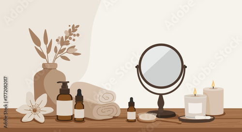 Spa Day Essentials Mirror Candles and Natural Beauty Products.