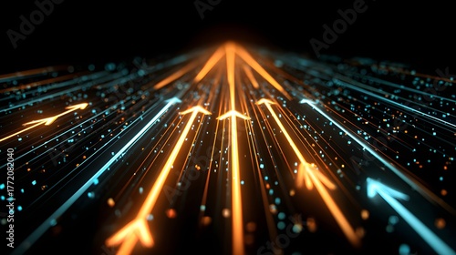 Multiple glowing light trails with upward pointing arrows converge toward a distant bright focal point