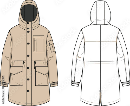 Cad drawing flat vector illustration of long parka jacket front and back view, technical winter coat fashion sketch template