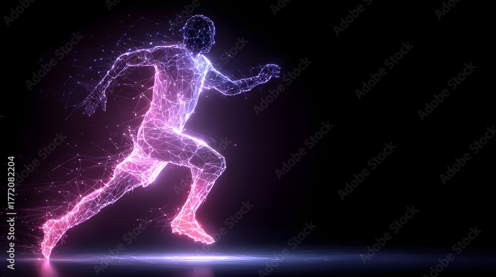 Fototapeta premium Illuminated digital network figure sprinting powerfully across a dark background