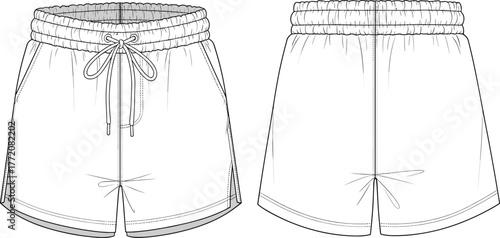 Cad drawing flat vector illustration of men’s athletic shorts, technical fashion sketch, elastic waistband sportswear, front and back view, apparel design template