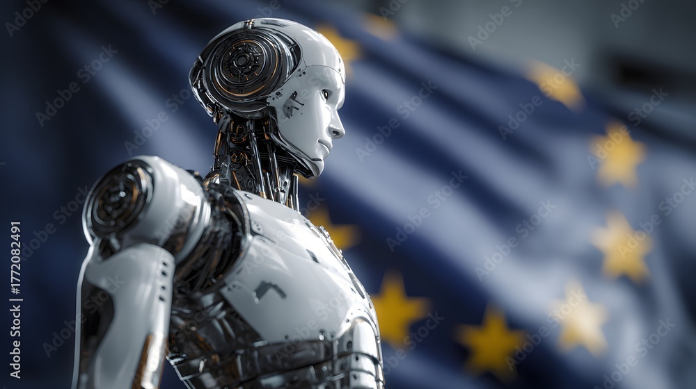 Fototapeta premium Advanced humanoid automaton stands before a prominently displayed flag of a political union
