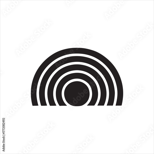 Minimalist black and white abstract icon with concentric semicircles and a circle at the base for design projects and creative concepts