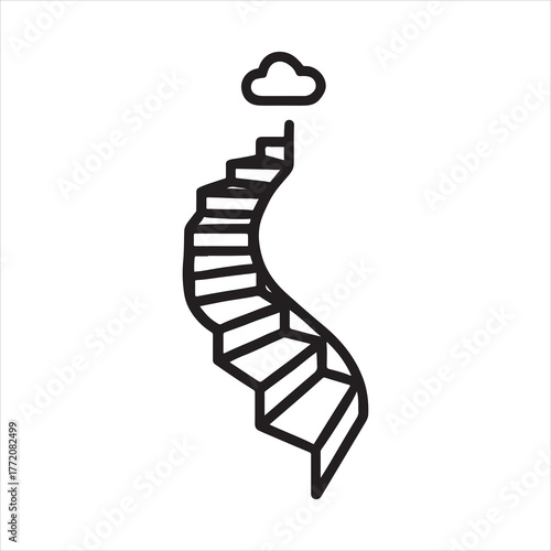 Minimalist Outline of Staircase Leading to Cloud Illustrating Success and Ambition with a Clean White Background