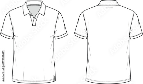 Cad drawing flat vector illustration of polo shirt front and back view, fashion design technical sketch template with collar detail