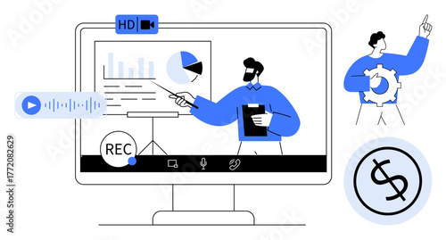 Man presenting graphs on screen, recording tools, sound wave, money icon, viewer with gear. Ideal for business, finance, training analytics online meetings education and technology. Clean flat